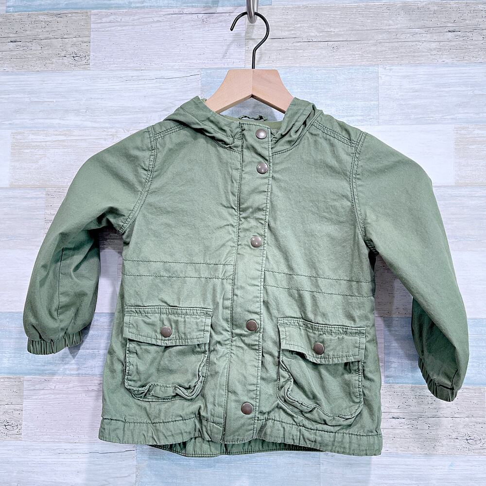 Old Navy Hooded Utility Scout Jacket Green Snap Button Lined Toddler Girl 3T